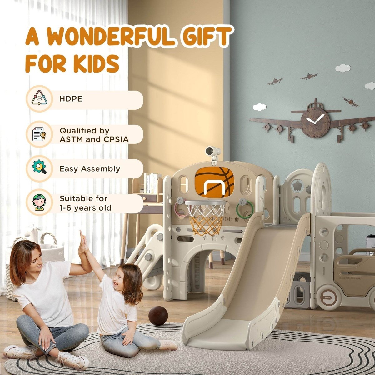 9 - In - 1 Indoor Kids Slide With Climber Basketball Hoop - Serenova - Omega Lifestyles