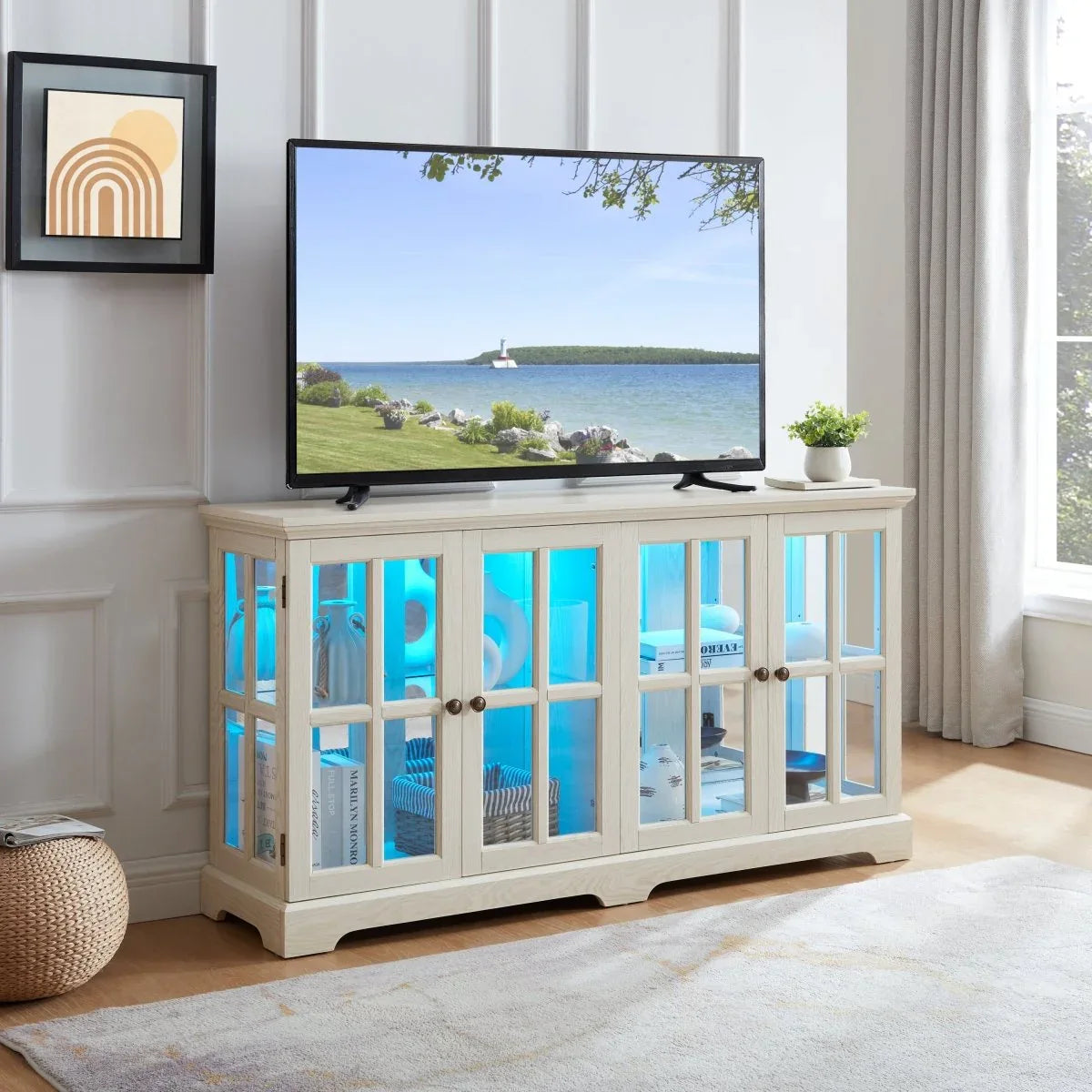 Antique White LED Glass Display Cabinet With Adjustable Shelves - Omega Lifestyles