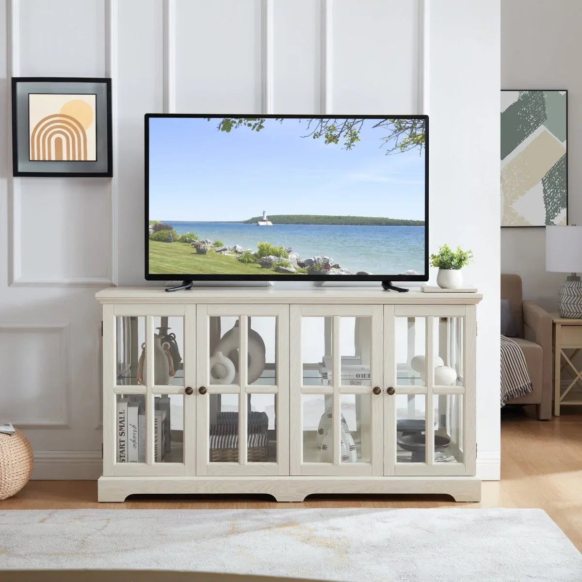 Antique White LED Glass Display Cabinet With Adjustable Shelves - Omega Lifestyles