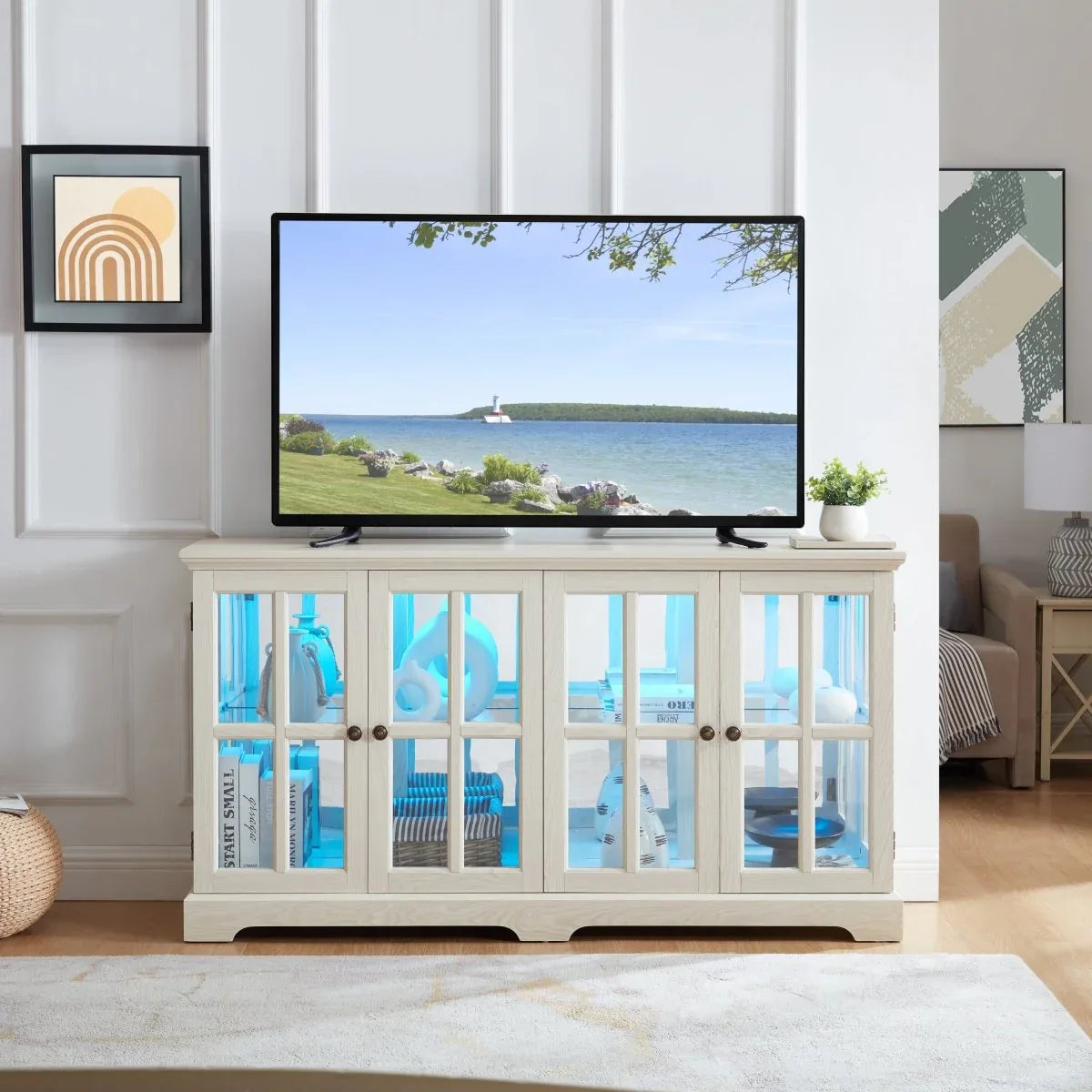 Antique White LED Glass Display Cabinet With Adjustable Shelves - Omega Lifestyles