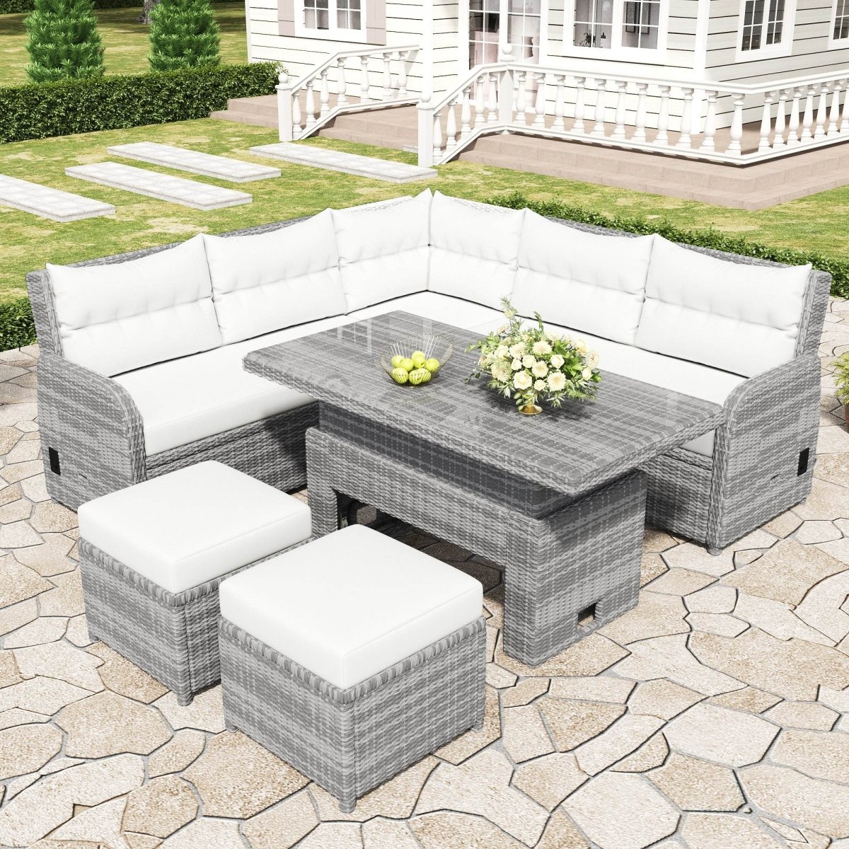 Beige Outdoor Patio Rattan Sectional Furniture Set - Serenova - Omega Lifestyles