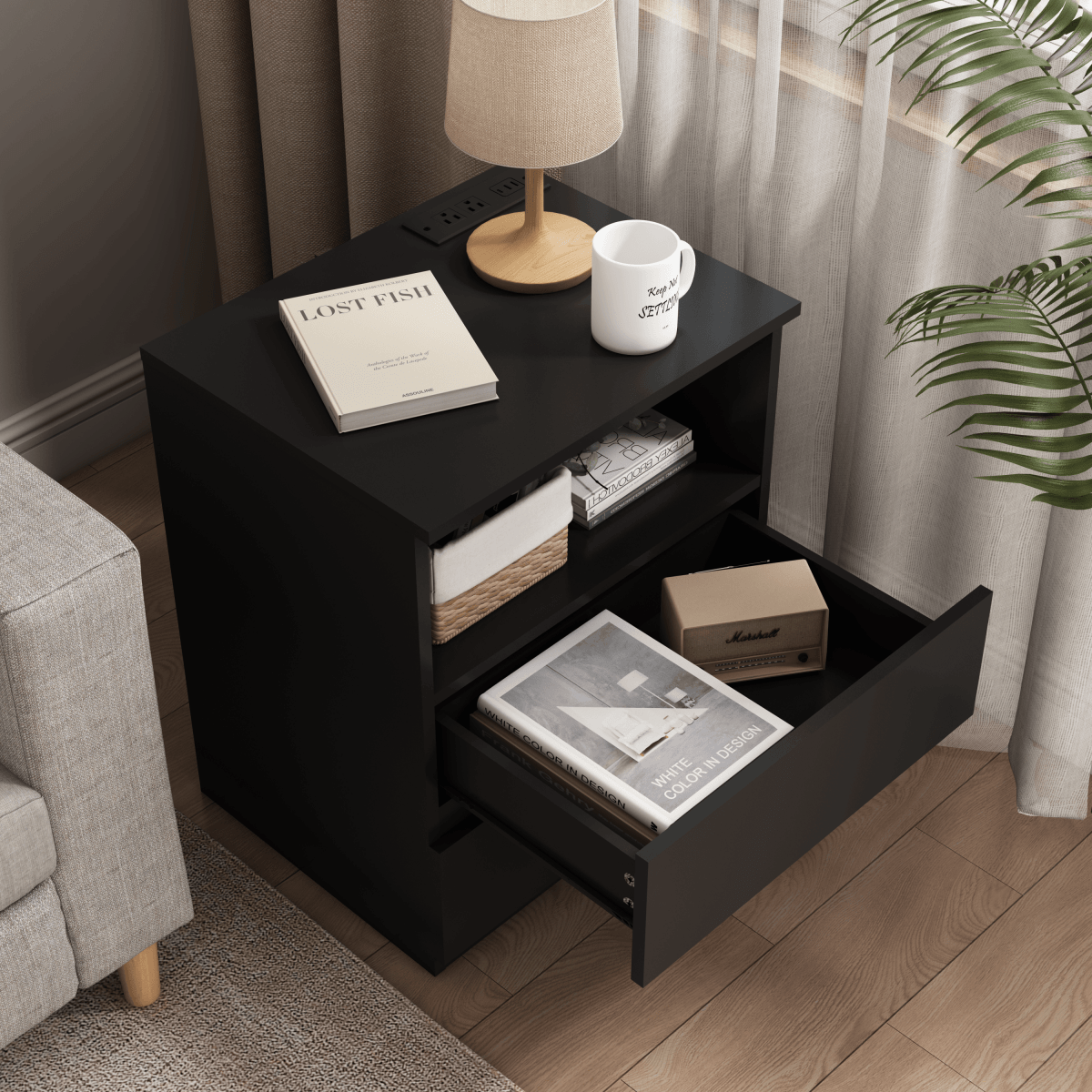 Black USB Charging End Table With Storage Drawers - Serenova - Omega Lifestyles