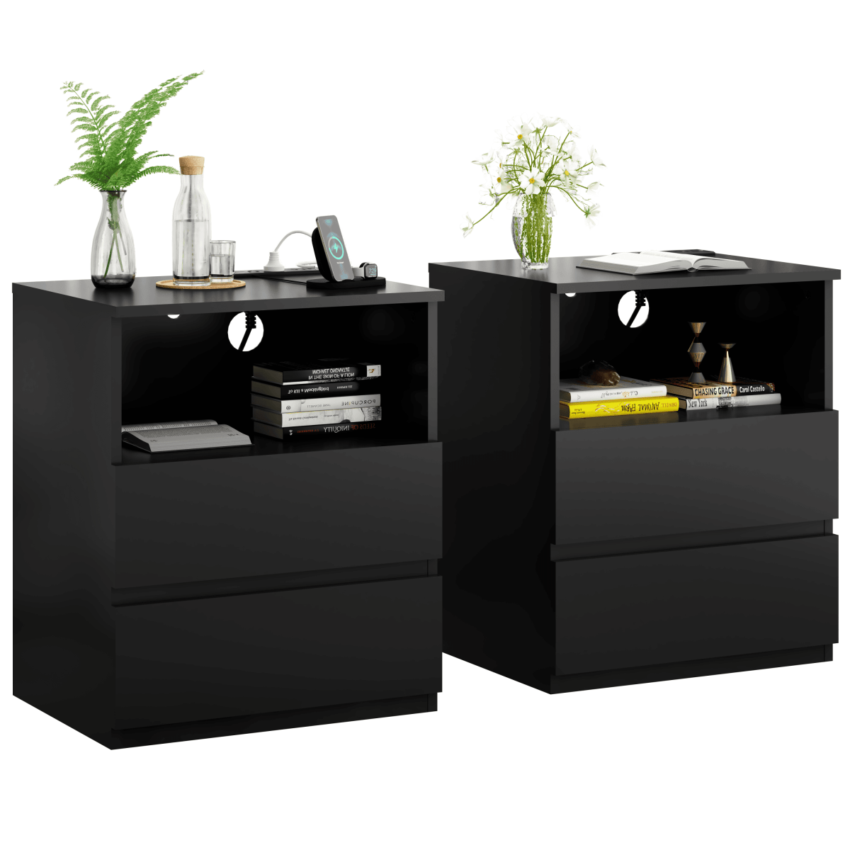 Black USB Charging End Table With Storage Drawers - Serenova - Omega Lifestyles