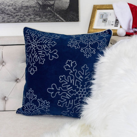 Blue Velvet Holiday Throw Pillow With Silver Snowflake Embroidery - Serenova - Omega Lifestyles