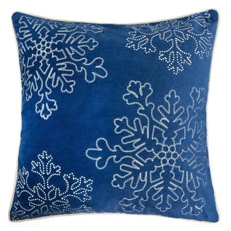 Blue Velvet Holiday Throw Pillow With Silver Snowflake Embroidery - Serenova - Omega Lifestyles