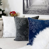 Blue Velvet Holiday Throw Pillow With Silver Snowflake Embroidery - Serenova - Omega Lifestyles