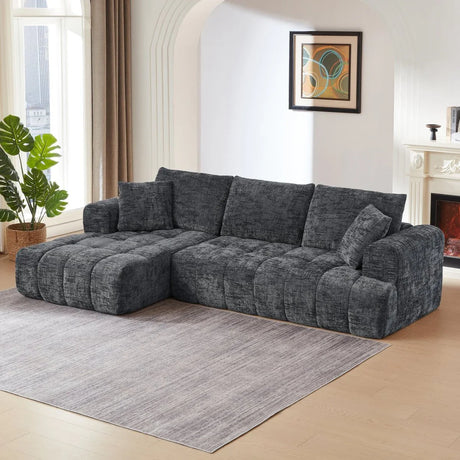 Chenille Dark Grey L-Shape Tufted Sectional Sofa - Omega Lifestyles