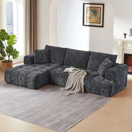 Chenille Dark Grey L-Shape Tufted Sectional Sofa - Omega Lifestyles