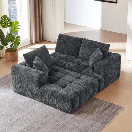 Chenille Dark Grey L-Shape Tufted Sectional Sofa - Omega Lifestyles