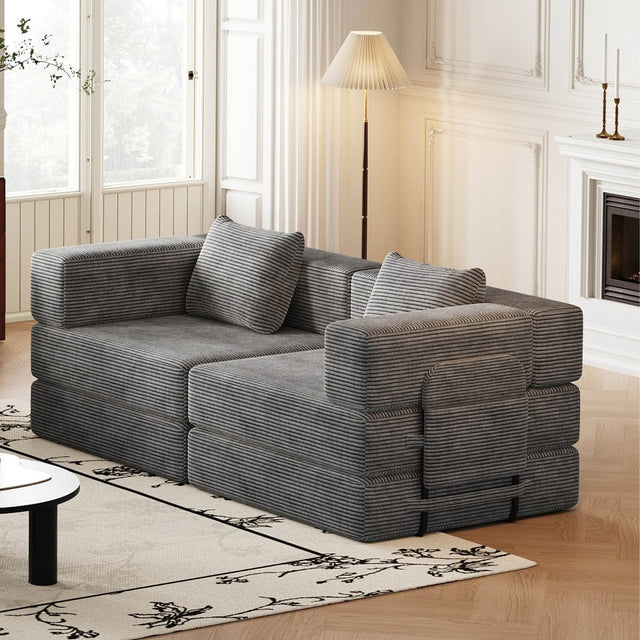 Convertible Corduroy Fabric 2-Seat Sofa Bed With Storage Pockets - Omega Lifestyles
