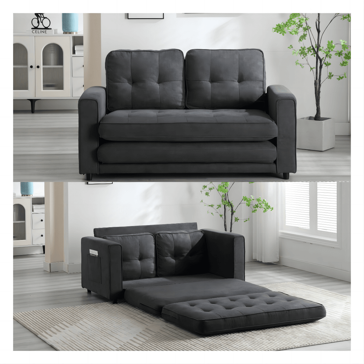 Convertible Velvet Futon Sofa Bed With Storage Pockets - Serenova - Omega Lifestyles