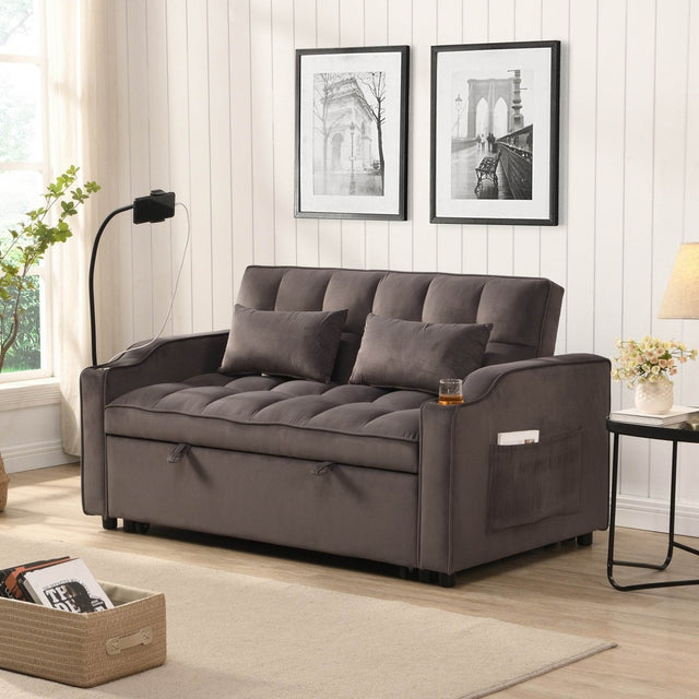 Convertible Velvet Sofa Bed With USB Ports And Trundle - Omega Lifestyles