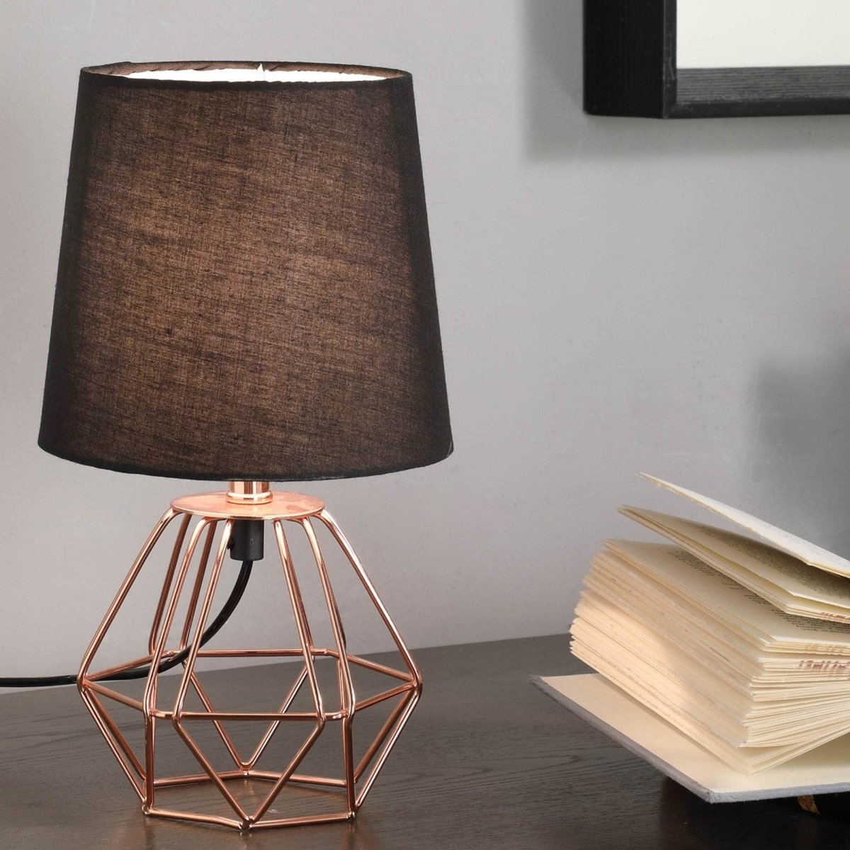 Copper Metal Geometric Table Lamp With Black Shade - Sleep Galleria