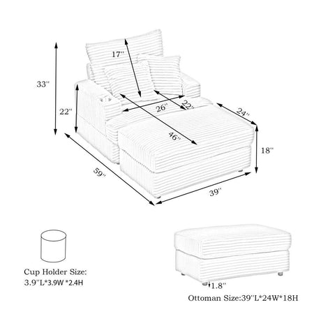 Corduroy Upholstered Reclining Armchair With Ottoman Set - Sleep Galleria