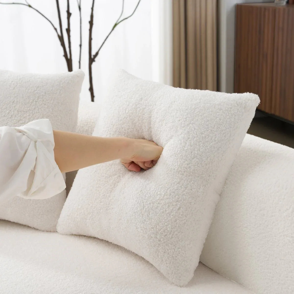 Curved 4-Seater White Teddy Velvet Foam Sofa - Omega Lifestyles