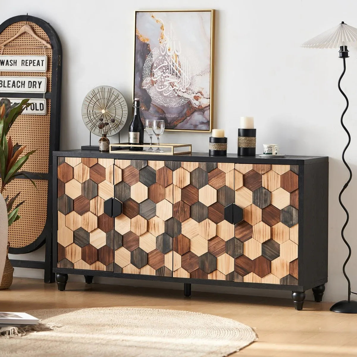 Distressed Honeycomb Pattern Engineered Wood Storage Cabinet - Omega Lifestyles