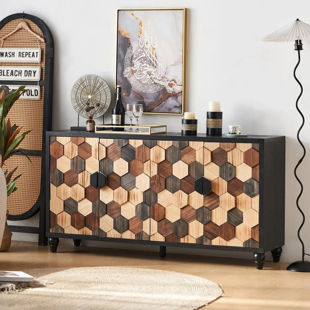 Distressed Honeycomb Pattern Engineered Wood Storage Cabinet - Omega Lifestyles