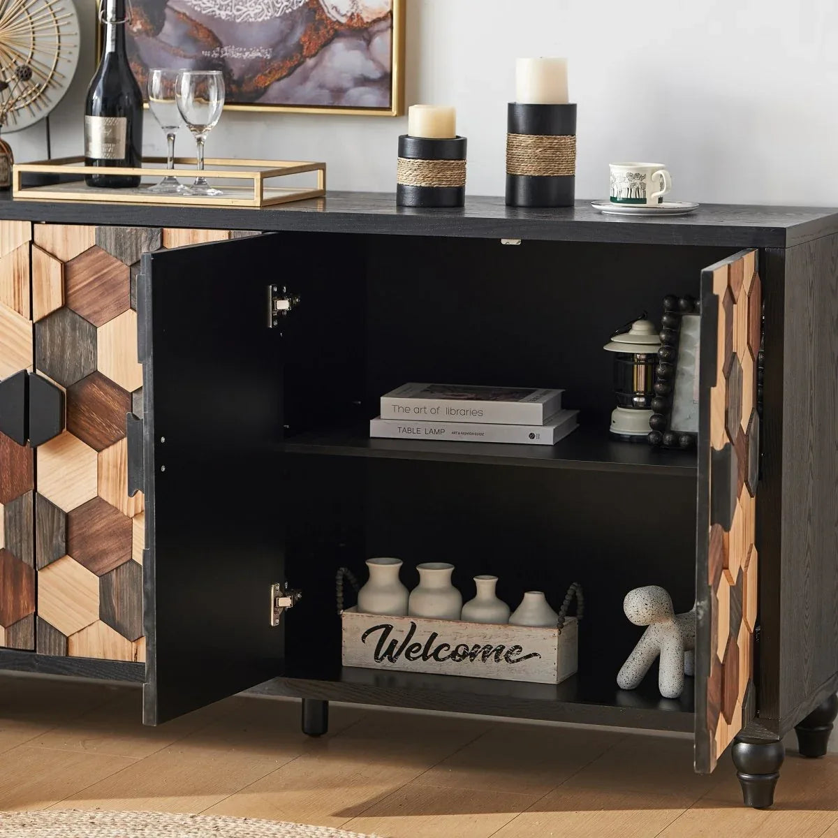 Distressed Honeycomb Pattern Engineered Wood Storage Cabinet - Omega Lifestyles