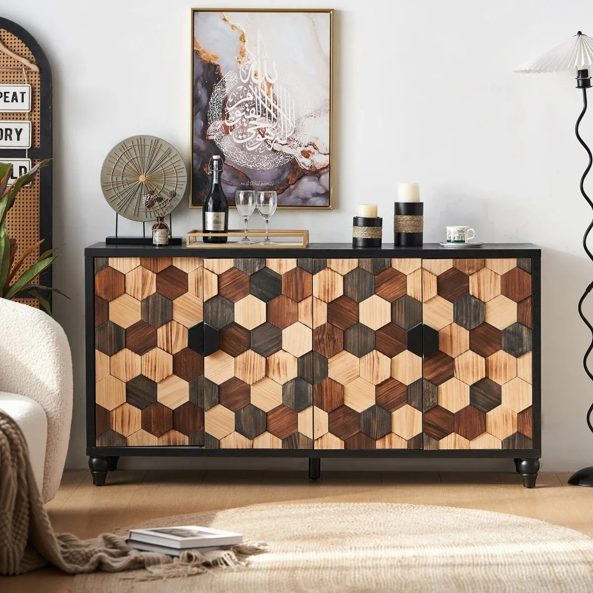 Distressed Honeycomb Pattern Engineered Wood Storage Cabinet - Omega Lifestyles