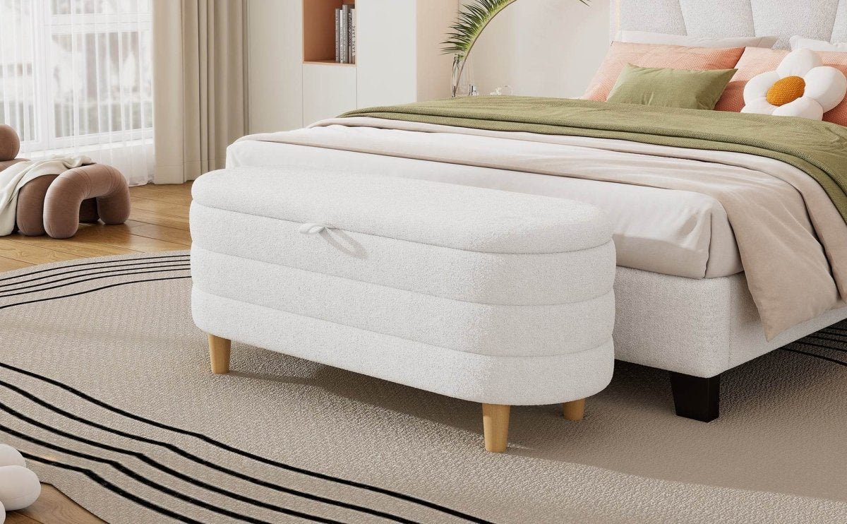 Elegant Upholstered Sherpa Fabric Storage Ottoman Bench - Omega Lifestyles