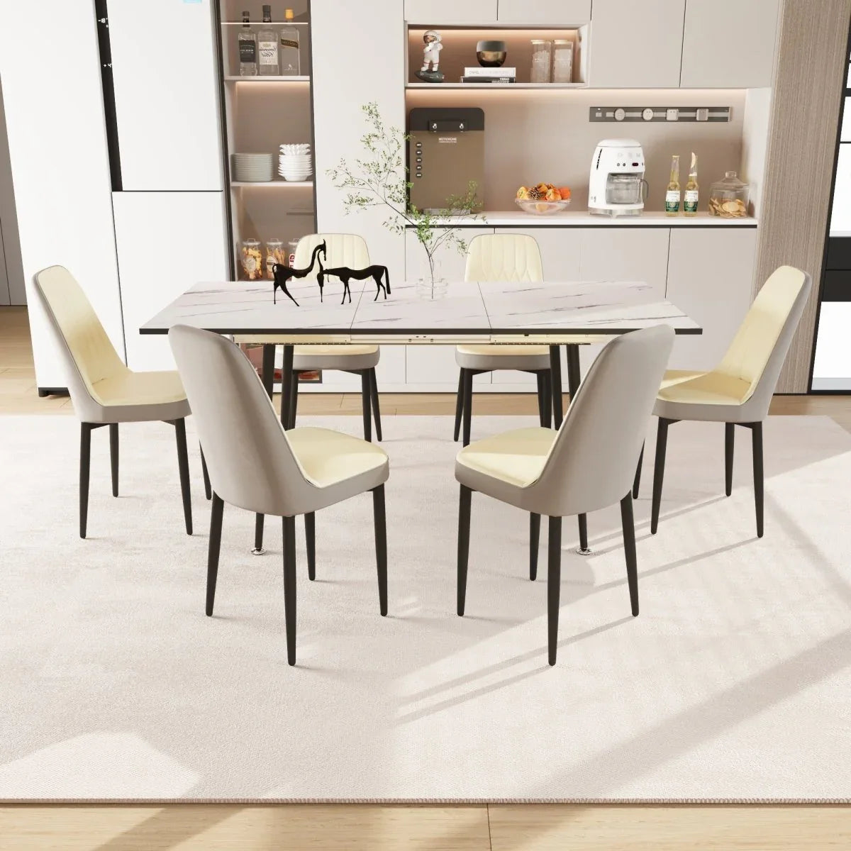 Expandable MDF Dining Table And Six PU Cushioned Chairs Set - Omega Lifestyles