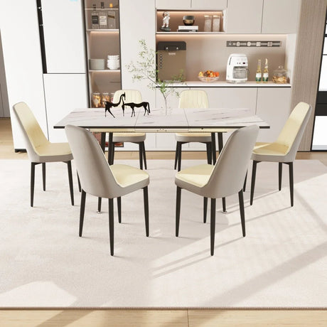 Expandable MDF Dining Table And Six PU Cushioned Chairs Set - Omega Lifestyles
