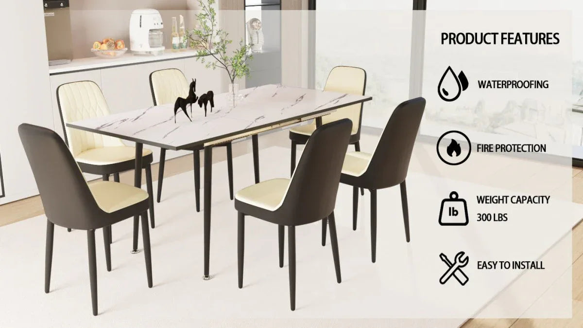 Expandable MDF Dining Table And Six PU Cushioned Chairs Set - Omega Lifestyles