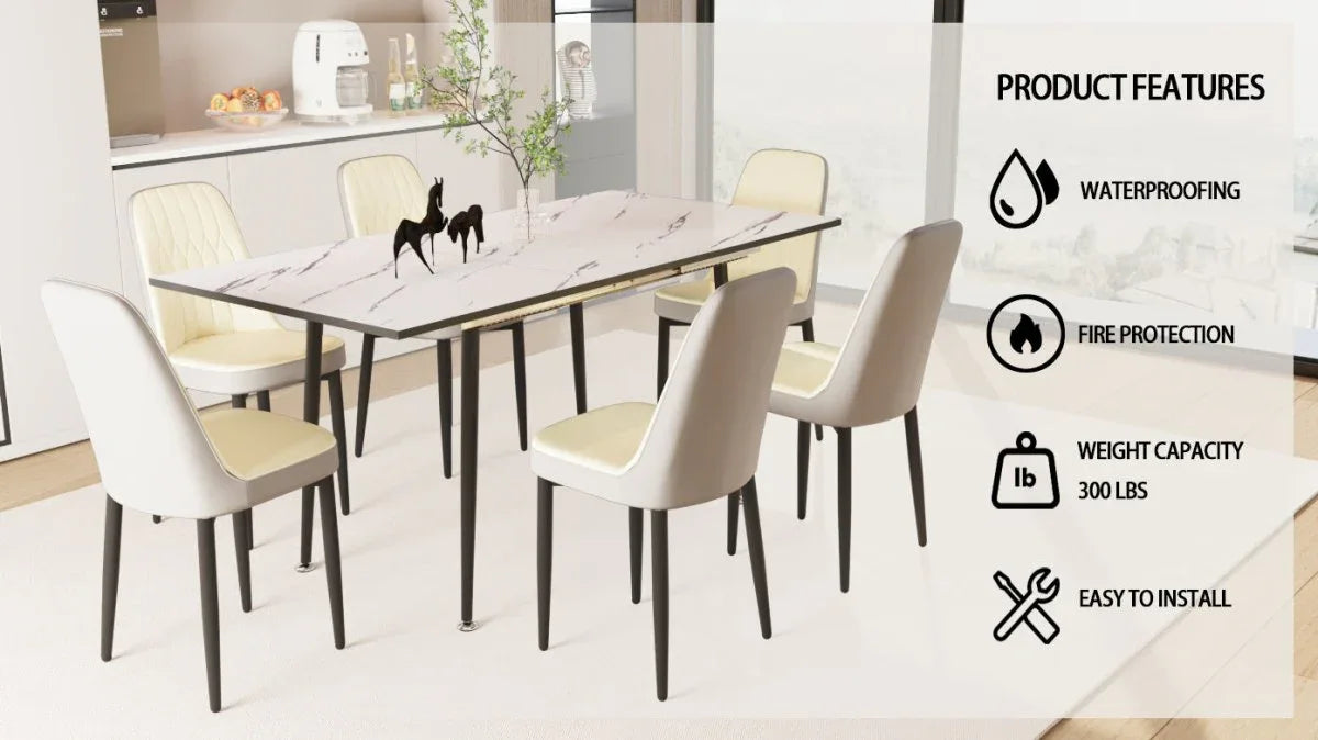 Expandable MDF Dining Table And Six PU Cushioned Chairs Set - Omega Lifestyles