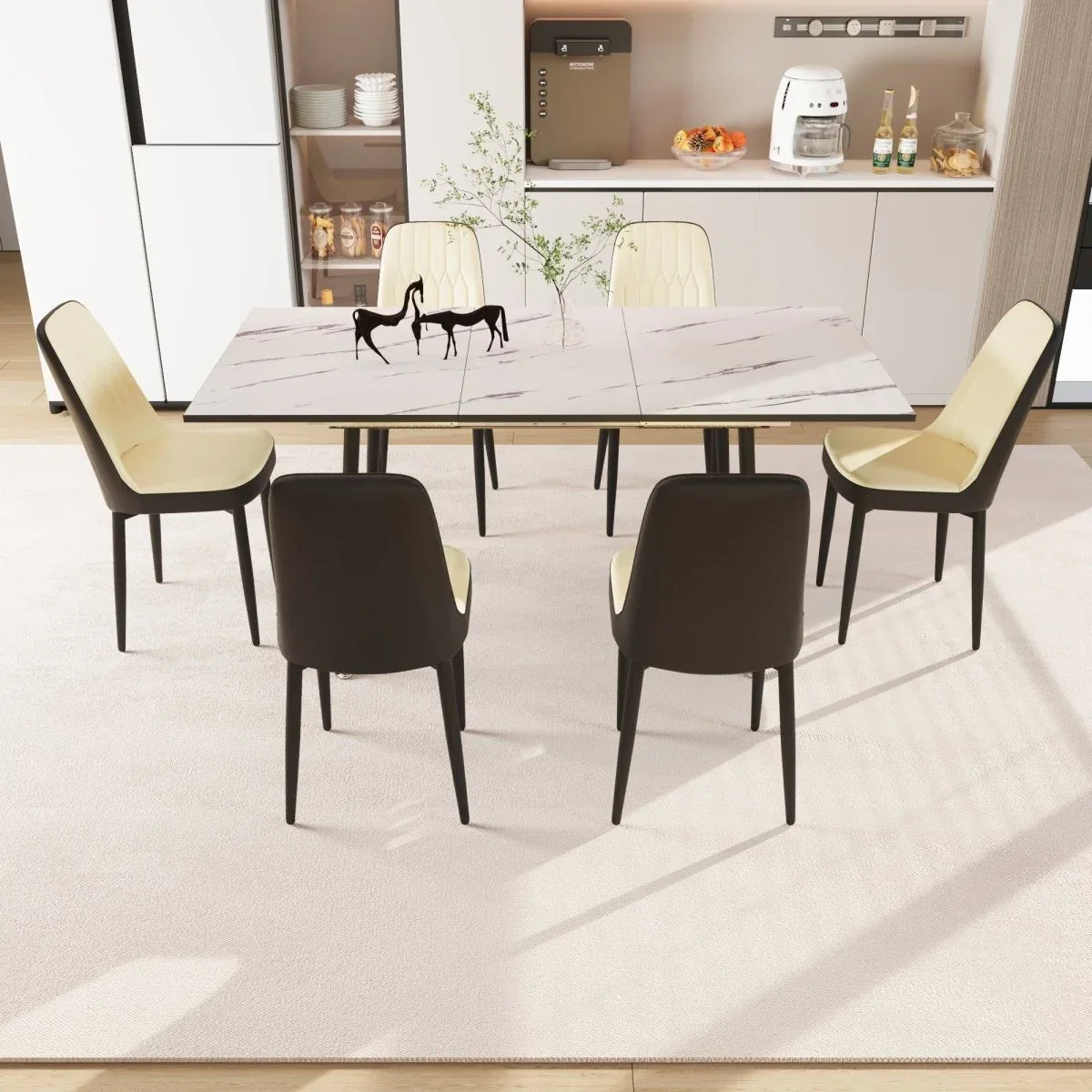 Expandable MDF Dining Table And Six PU Cushioned Chairs Set - Omega Lifestyles