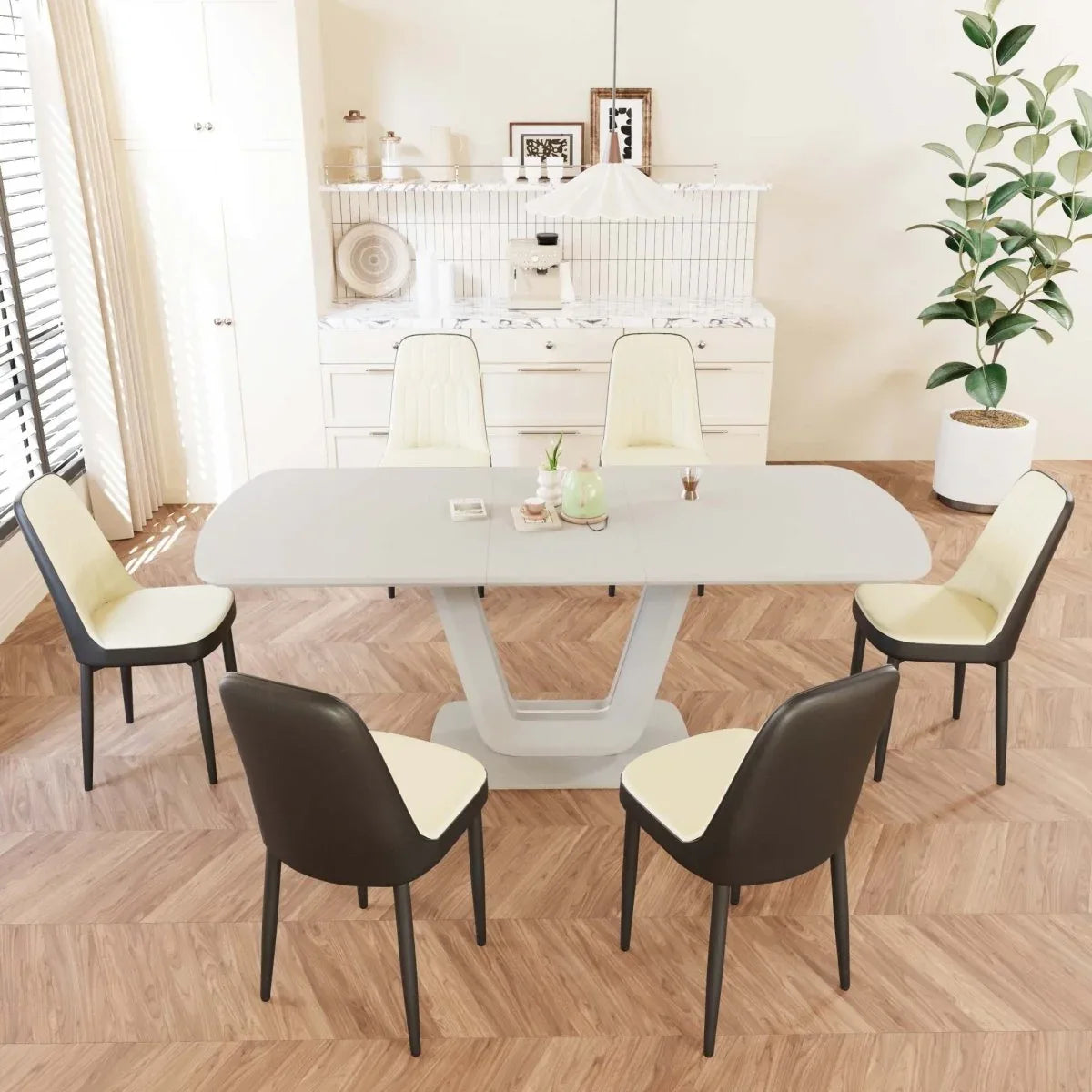 Expandable MDF Dining Table Set With Six Padded PU Chairs - Omega Lifestyles