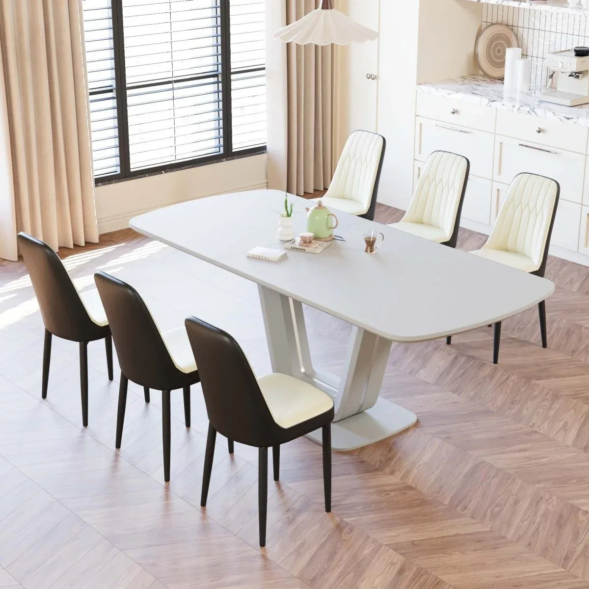Expandable MDF Dining Table Set With Six Padded PU Chairs - Omega Lifestyles