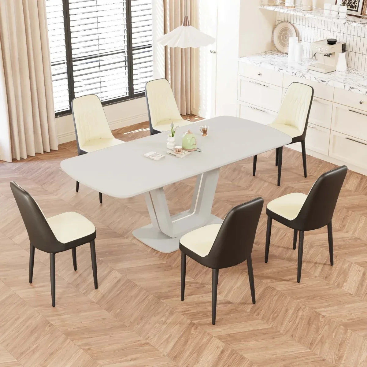 Expandable MDF Dining Table Set With Six Padded PU Chairs - Omega Lifestyles
