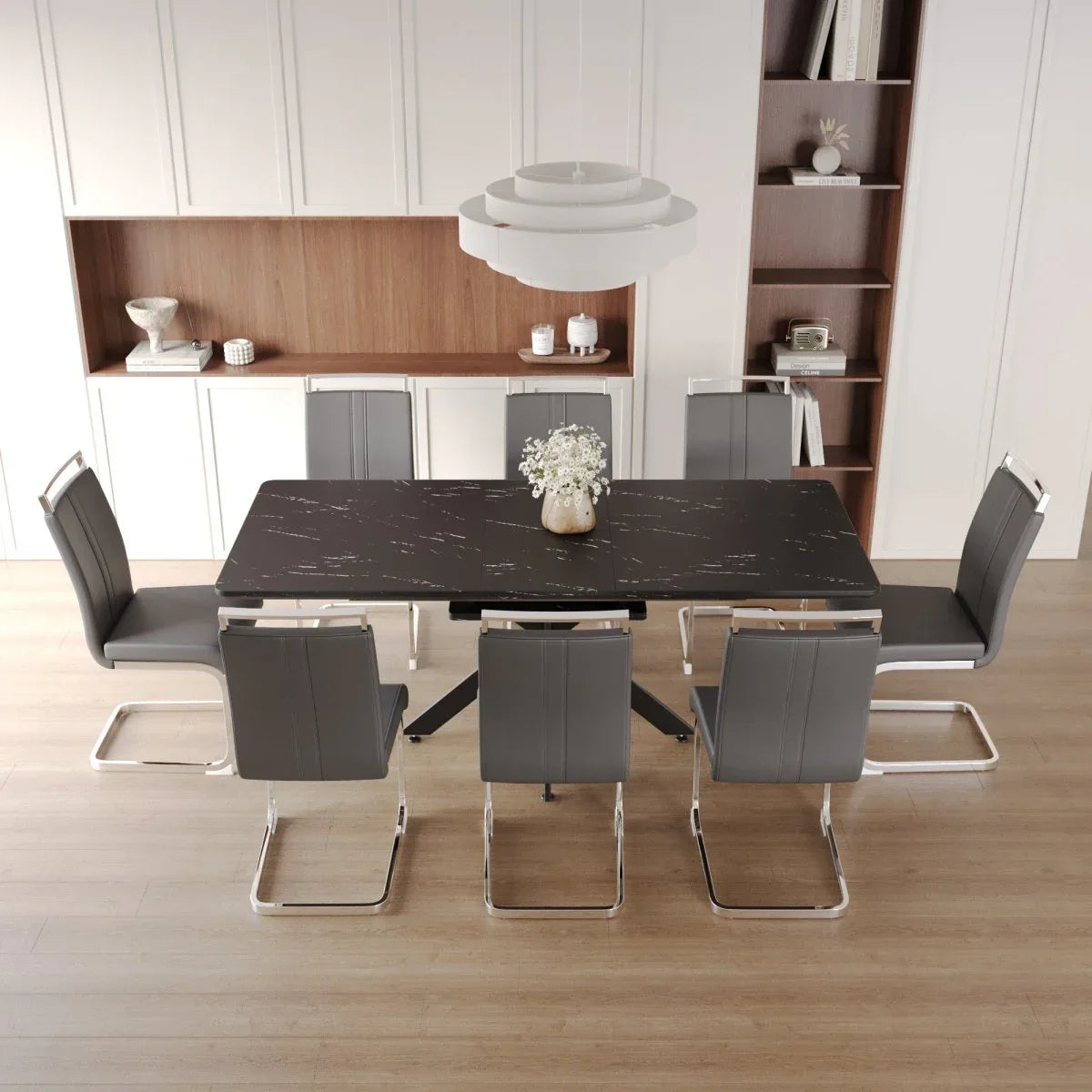 Expandable MDF Dining Table With 8 Cushioned Chairs Set - Omega Lifestyles