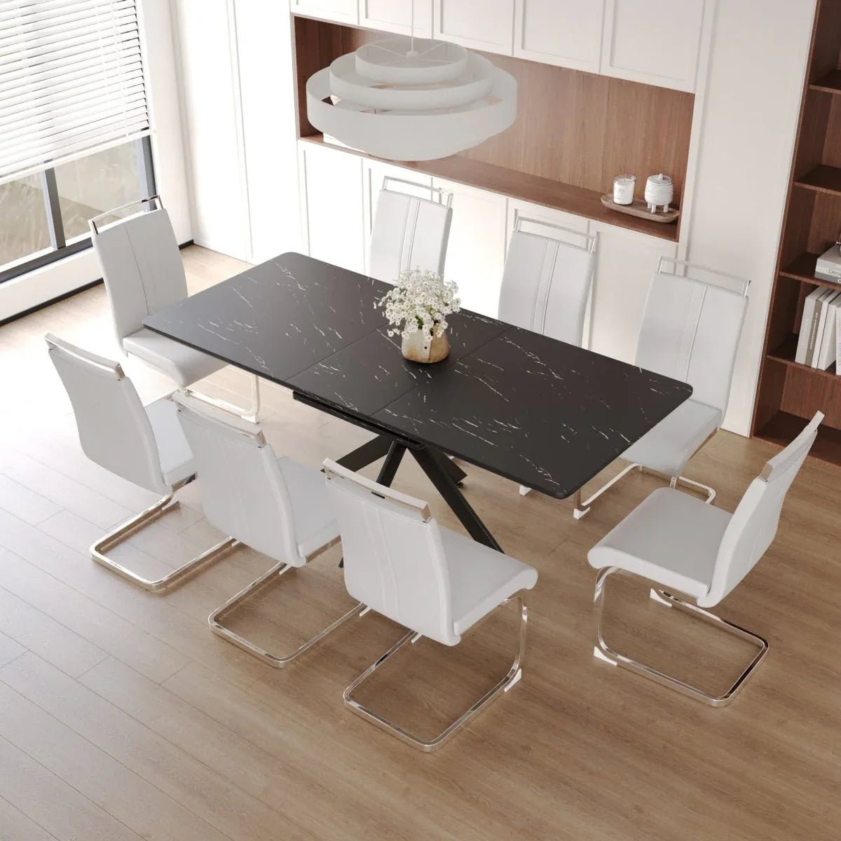 Expandable MDF Dining Table With 8 Cushioned Chairs Set - Omega Lifestyles