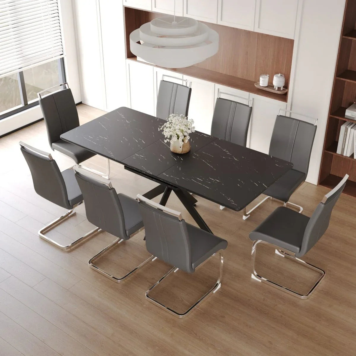 Expandable MDF Dining Table With 8 Cushioned Chairs Set - Omega Lifestyles