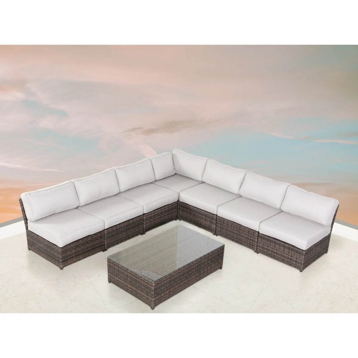 Extra - Wide Wicker Outdoor Seating Set With Cushions And Glass Table - Serenova - Omega Lifestyles