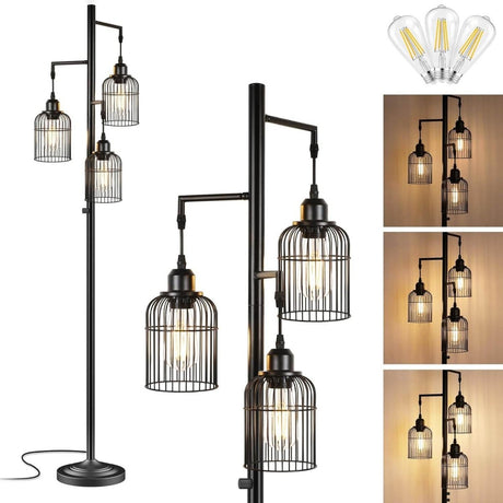Farmhouse Industrial Metal Floor Lamp With 3 Cage Shades - Omega Lifestyles