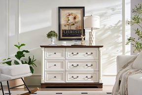 Farmhouse Style 6-Drawer Walnut MDF Dresser Chest - Omega Lifestyles