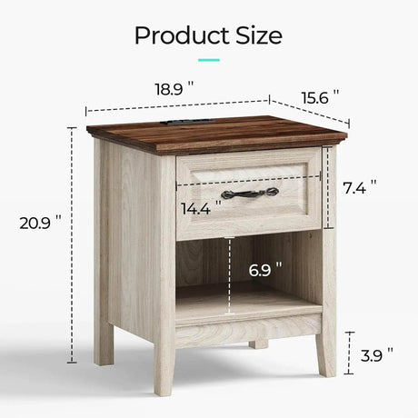 Farmhouse Wood Nightstand With Type-C Charging Station - Omega Lifestyles