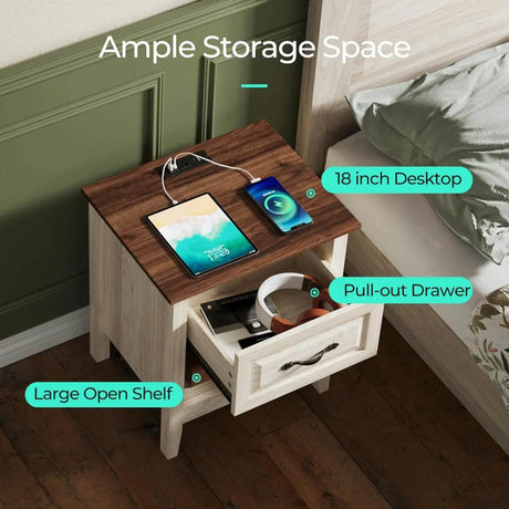 Farmhouse Wood Nightstand With Type-C Charging Station - Omega Lifestyles