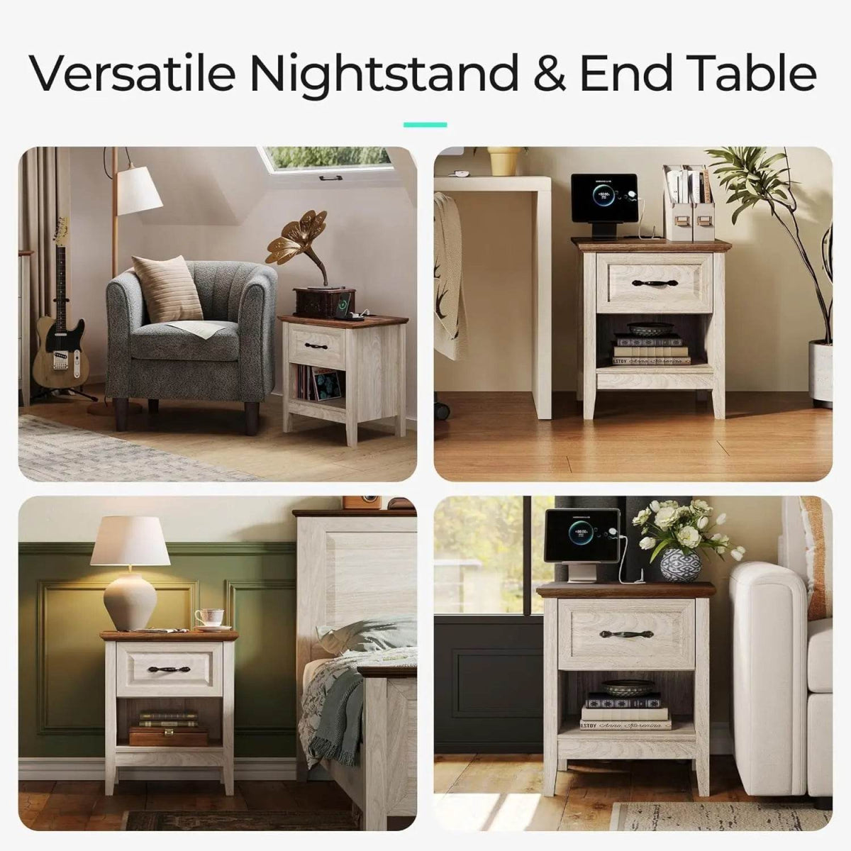 Farmhouse Wood Nightstand With Type-C Charging Station - Omega Lifestyles
