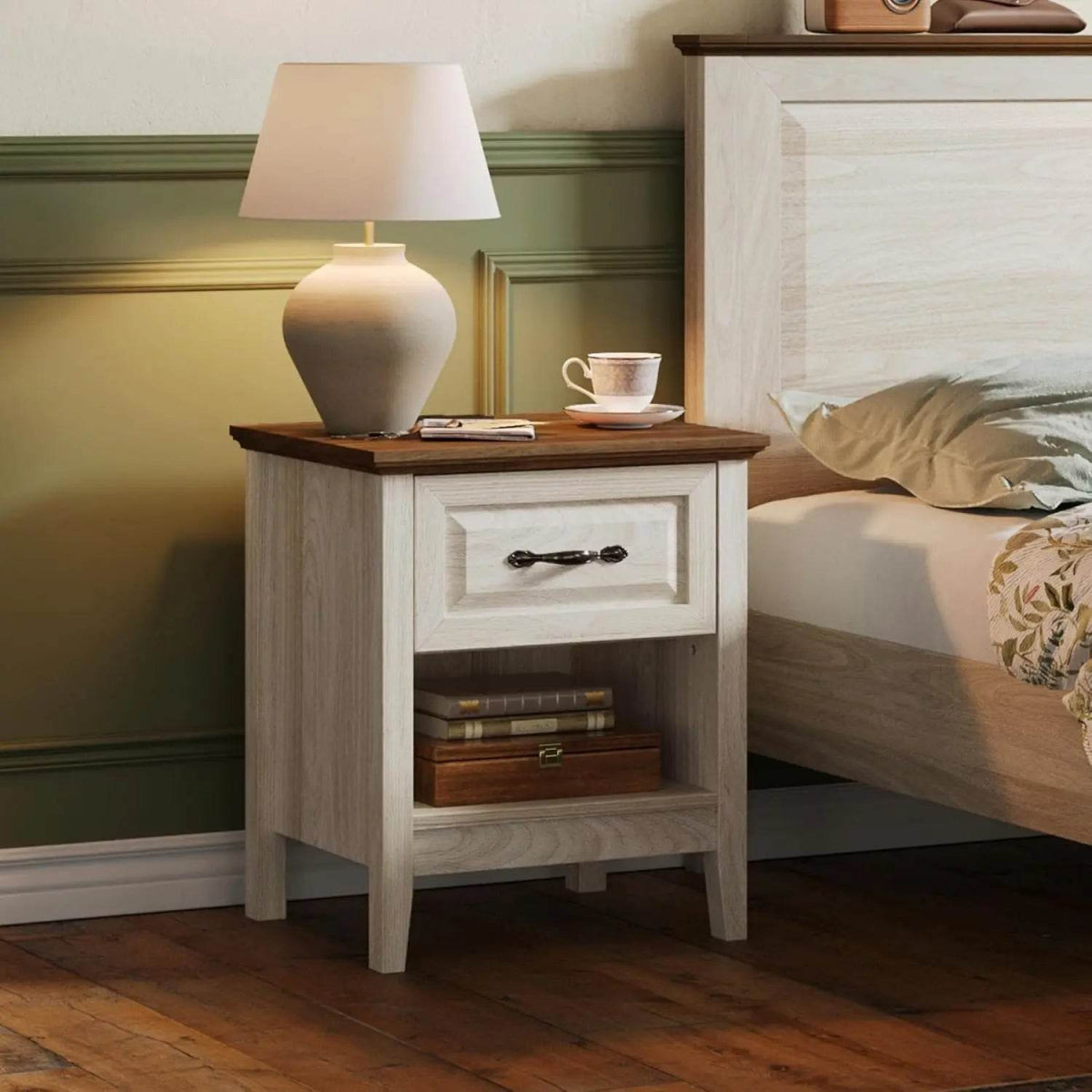 Farmhouse Wood Nightstand With Type-C Charging Station - Omega Lifestyles