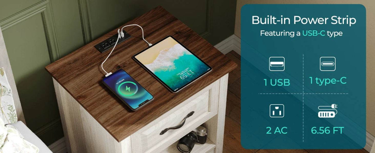 Farmhouse Wood Nightstand With Type-C Charging Station - Omega Lifestyles