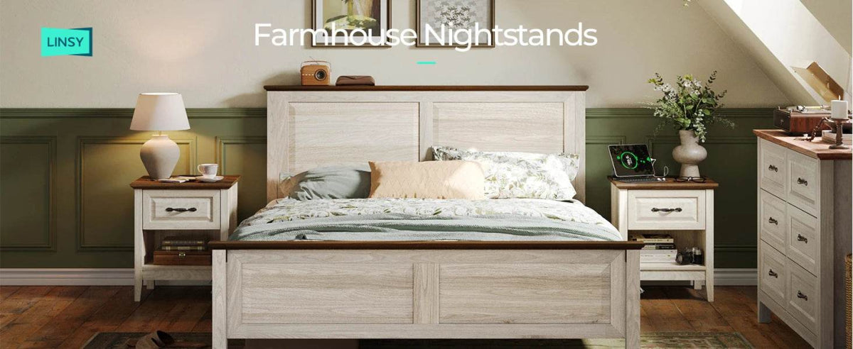 Farmhouse Wood Nightstand With Type-C Charging Station - Omega Lifestyles