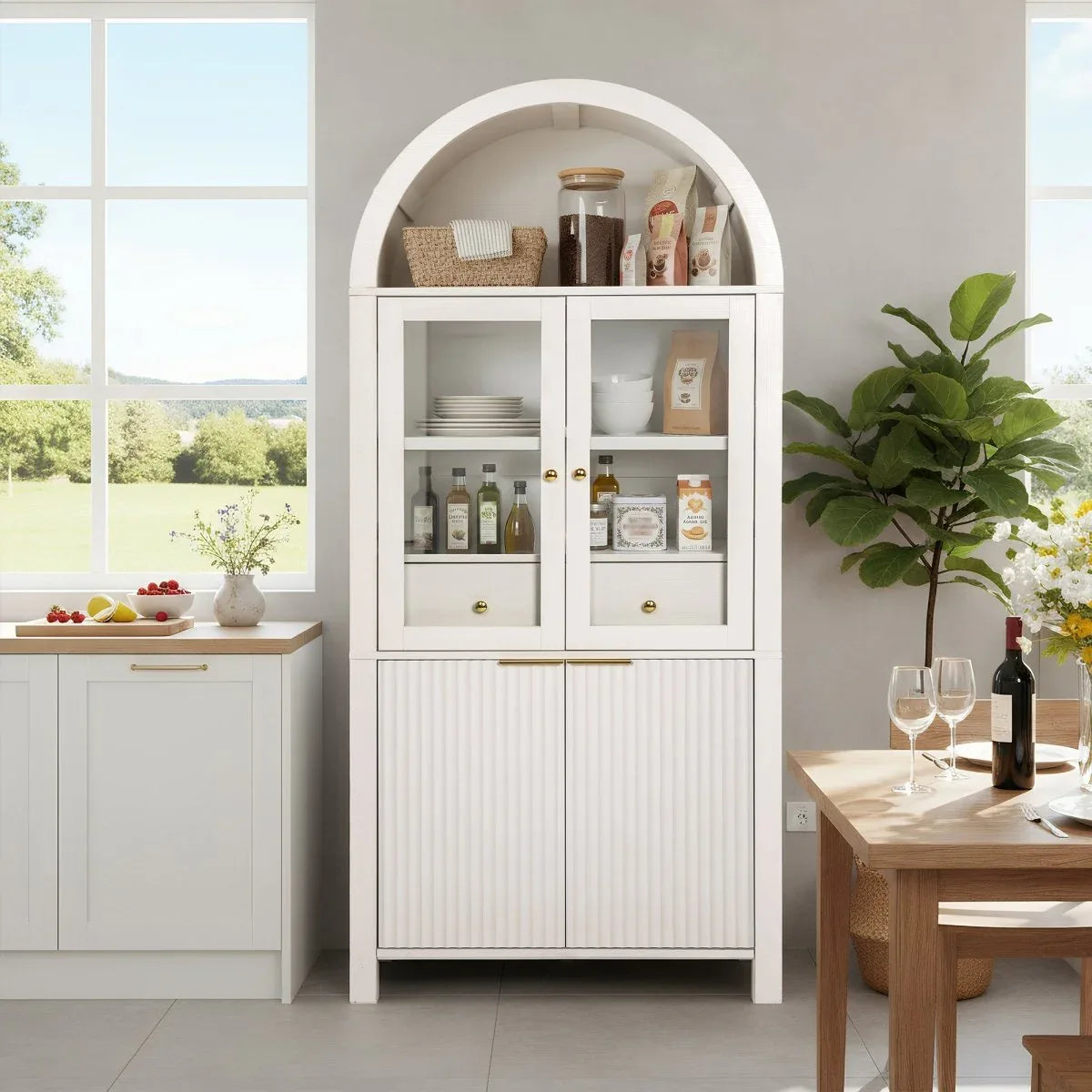Fluted Tall Arched White MDF Pantry Cabinet - Omega Lifestyles