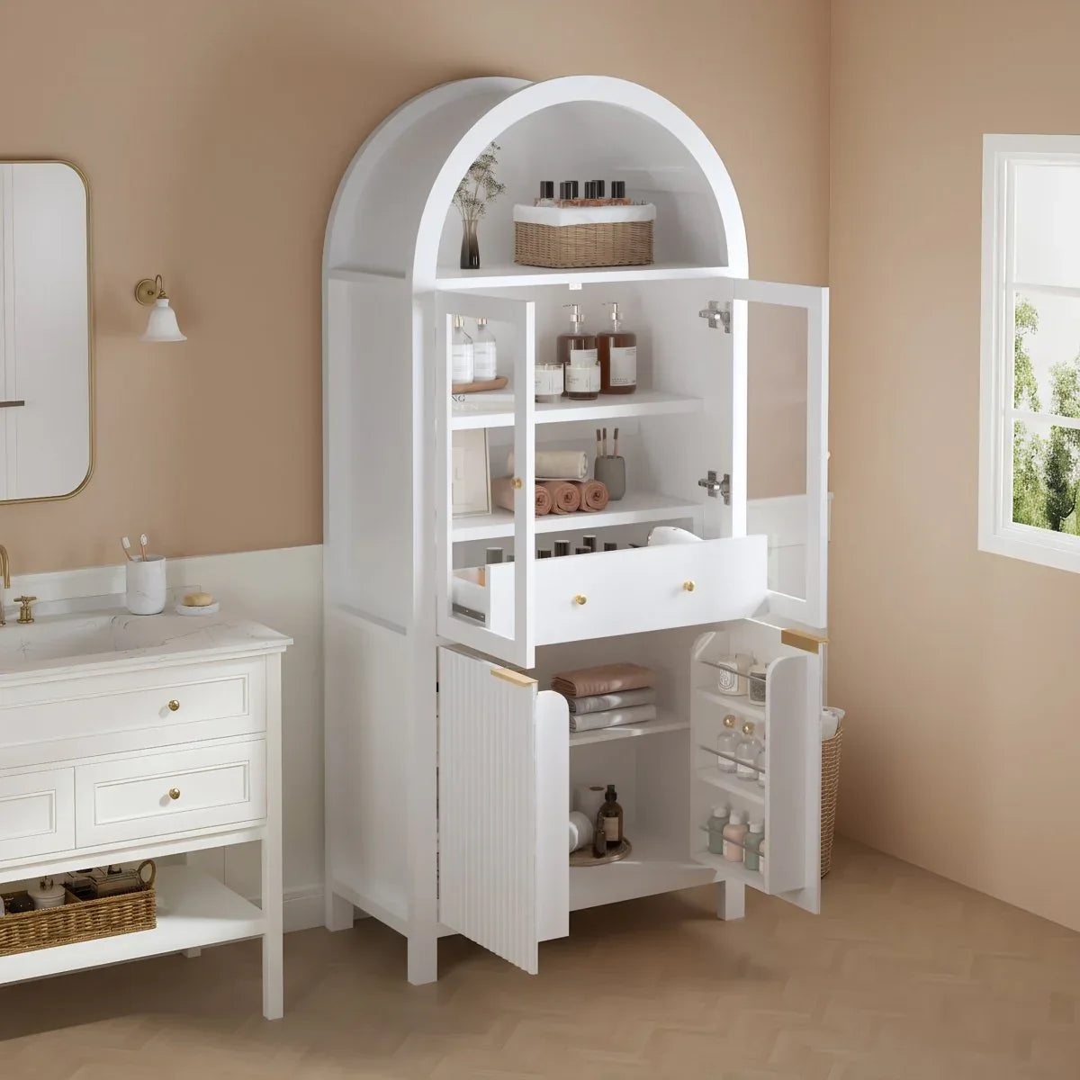 Fluted Tall Arched White MDF Pantry Cabinet - Omega Lifestyles