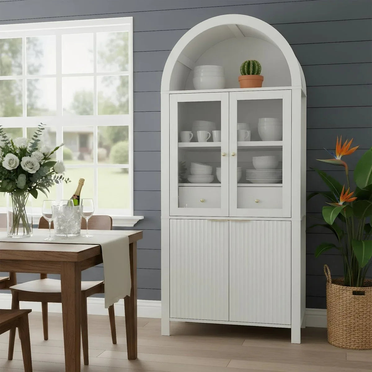 Fluted Tall Arched White MDF Pantry Cabinet - Omega Lifestyles