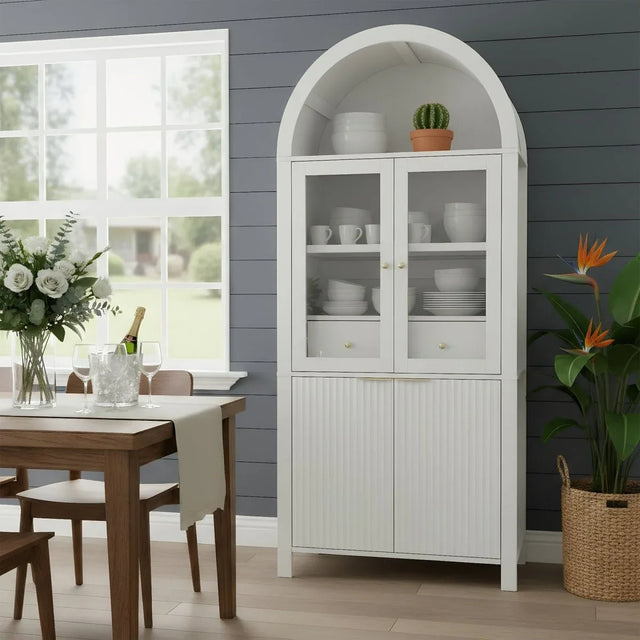Fluted Tall Arched White MDF Pantry Cabinet - Omega Lifestyles