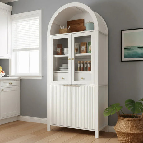 Fluted Tall Arched White MDF Pantry Cabinet - Omega Lifestyles