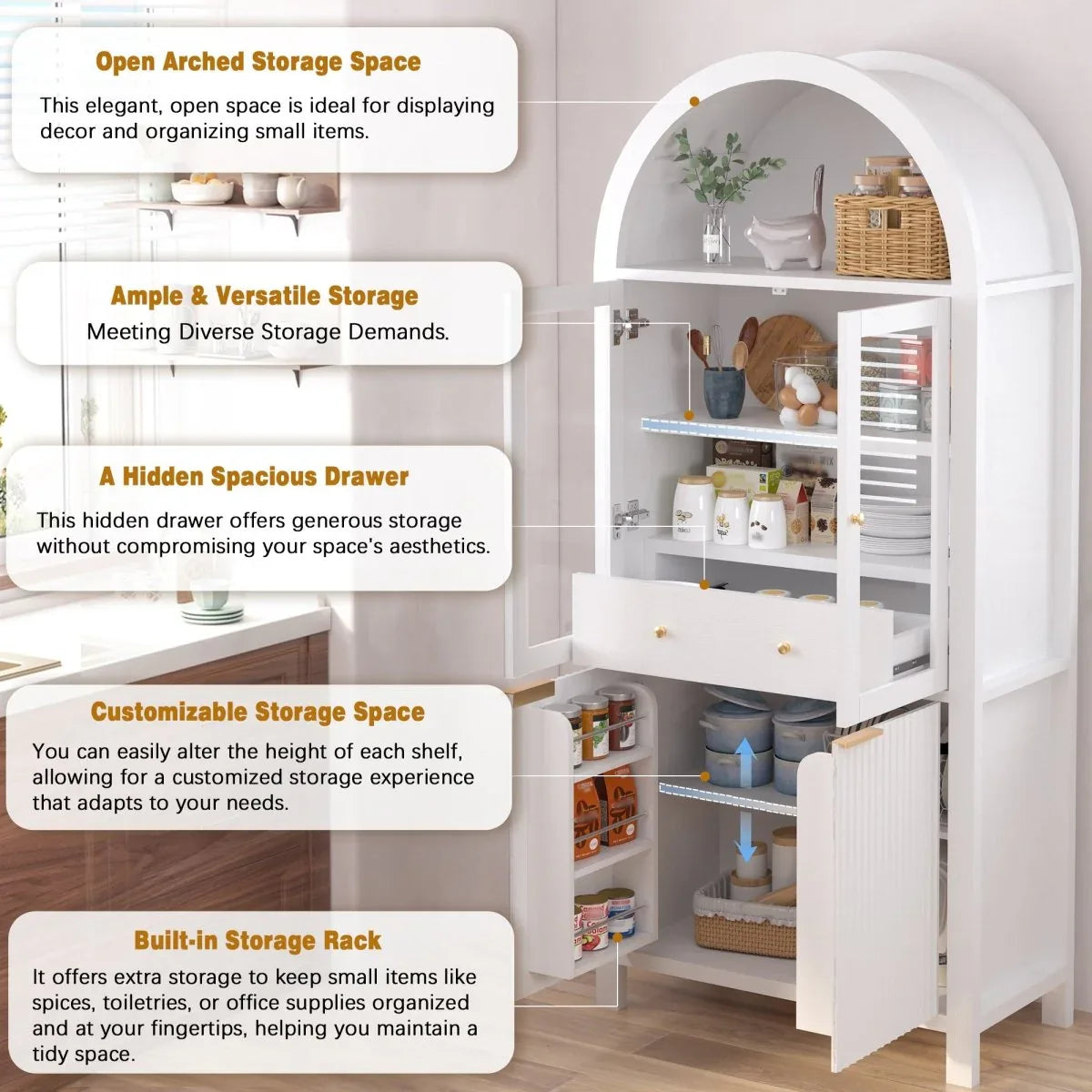 Fluted Tall Arched White MDF Pantry Cabinet - Omega Lifestyles